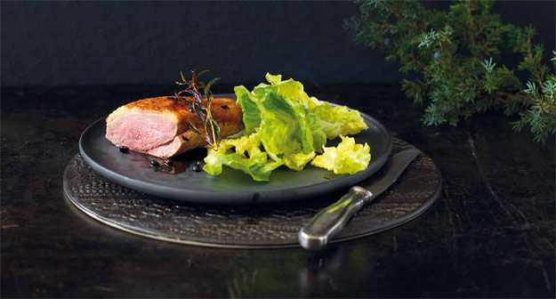 Geräucherte Entenbrust auf jungem Lattich-Salat